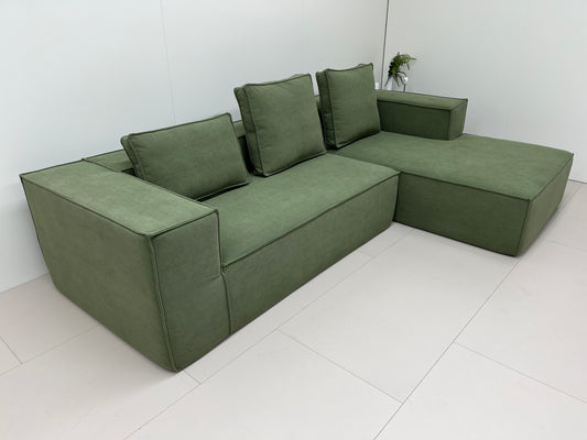 🟩 Tofu Cube Sofa – Three-Seater with Chaise (Soft Olive)